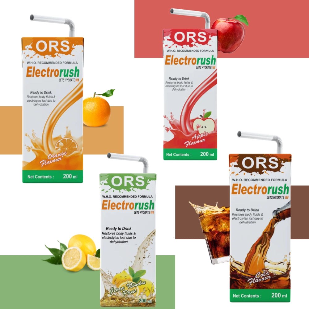 Electrorush ORS Combo pack - Apple, Orange, Cola, Nimbu Jeera I Ready to Drink I Oral Rehydration Contains Electrolytes | WHO Recommended Formula
