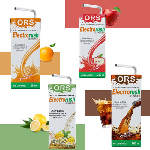 Electrorush ORS Combo pack - Apple, Orange, Cola, Nimbu Jeera I Ready to Drink I Oral Rehydration Contains Electrolytes | WHO Recommended Formula