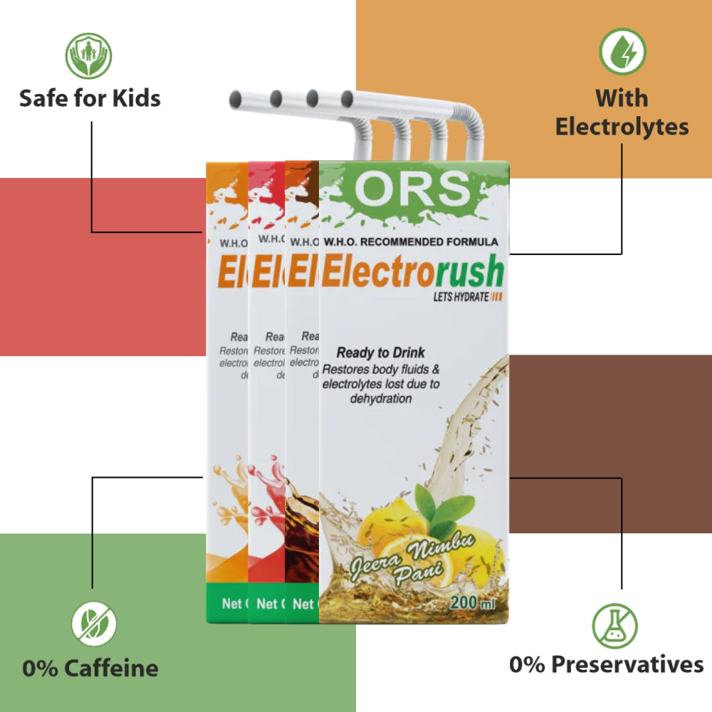Electrorush ORS Combo pack - Apple, Orange, Cola, Nimbu Jeera I Ready to Drink I Oral Rehydration Contains Electrolytes | WHO Recommended Formula