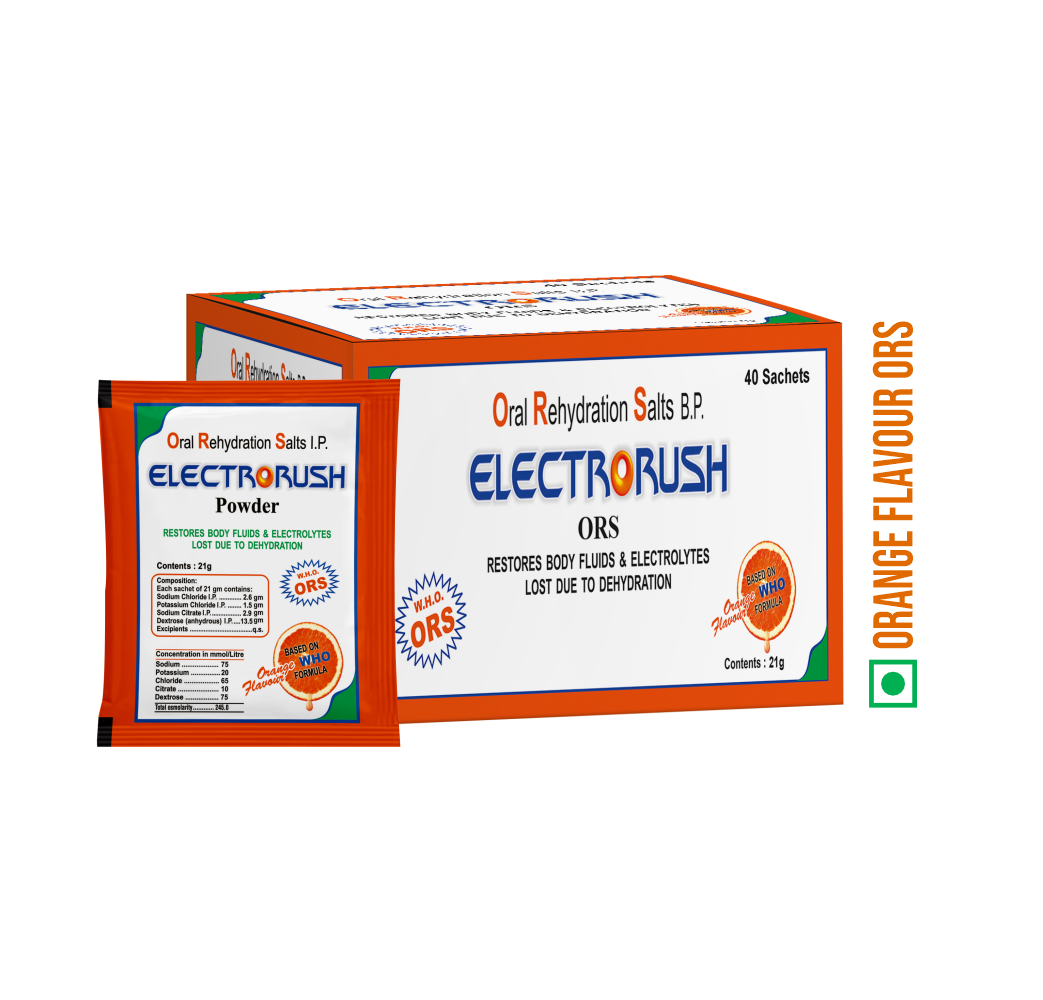 Electrorush ORS Orange powder I Ready to Drink I Oral Rehydration Contains Electrolytes | WHO Recommended Formula
