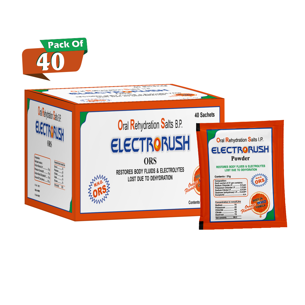 Electrorush ORS Orange powder I Ready to Drink I Oral Rehydration Contains Electrolytes | WHO Recommended Formula
