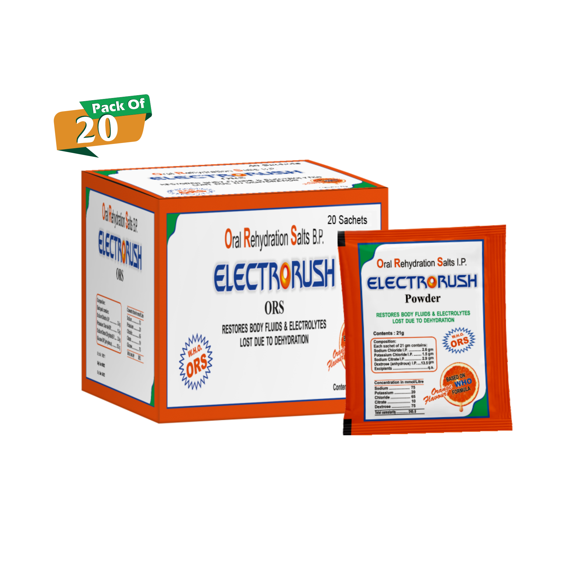 Electrorush ORS Orange powder I Ready to Drink I Oral Rehydration Contains Electrolytes | WHO Recommended Formula